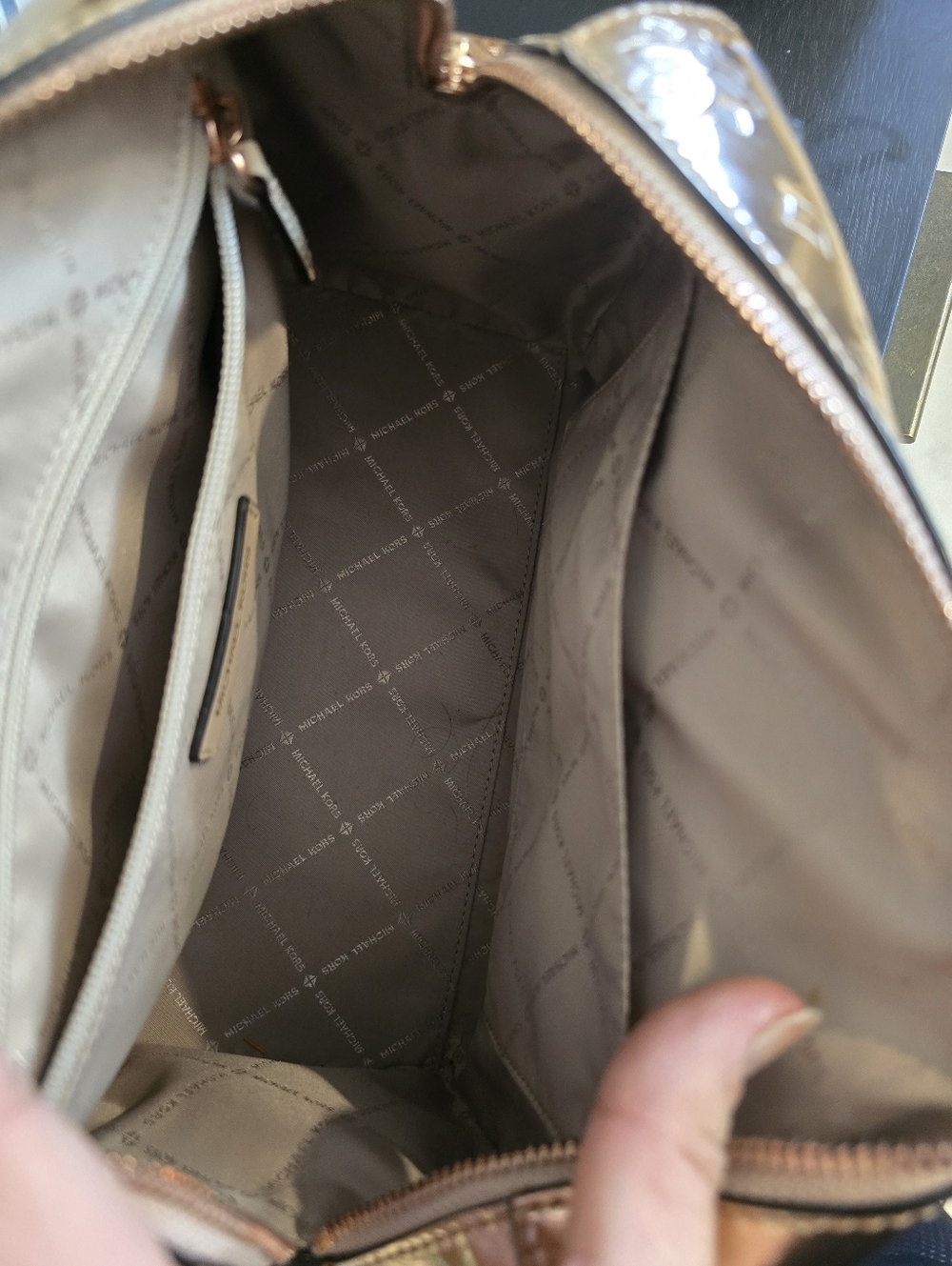 Michael Kors Kara Mirror Metallic Embossed Large Duffle Satchel Bag Rose Gold - Picture 7 of 14